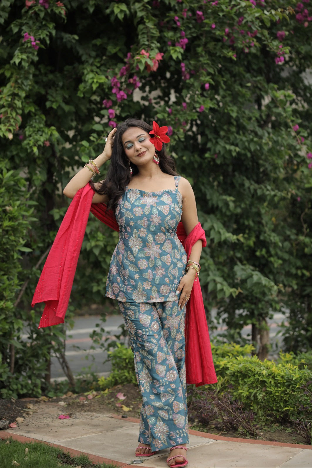 Noor-Kurta - Teal floral printed ethnic kurta top with red dupatta